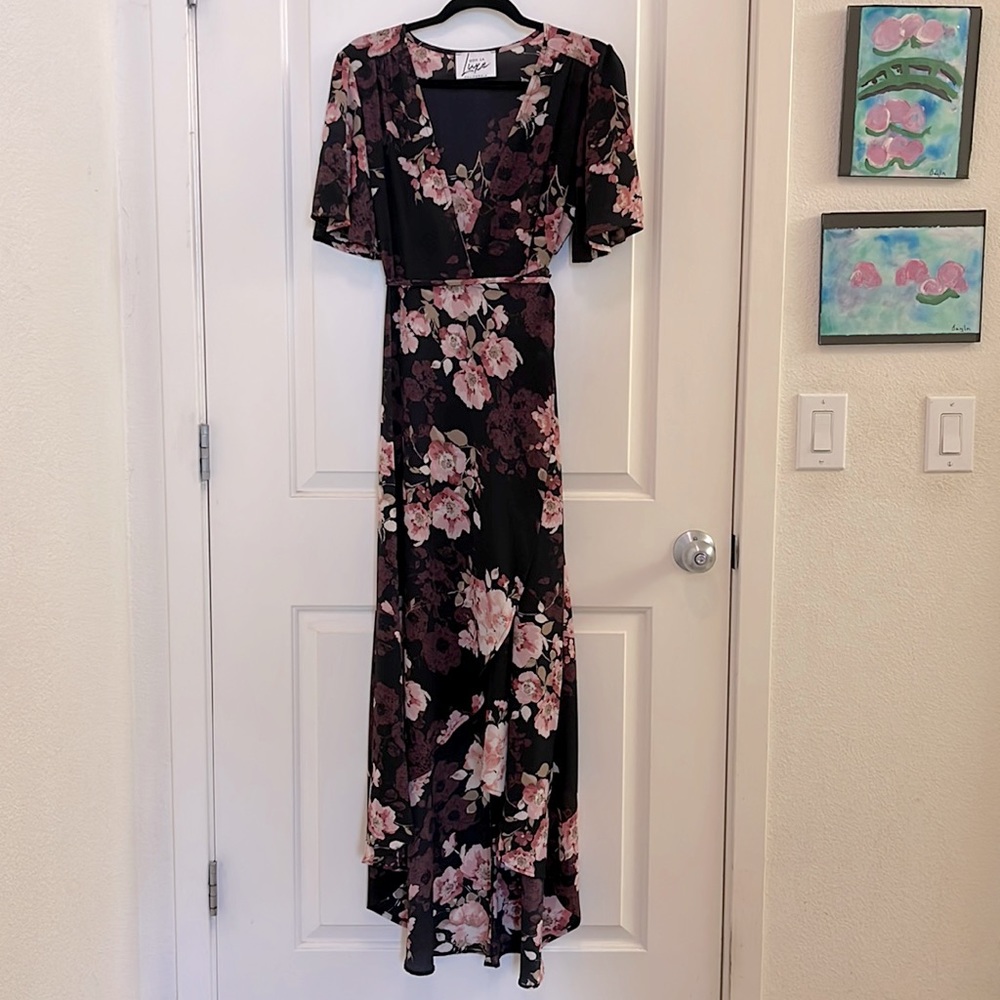 OOH LA Luxe floral, high/low wrap dress. Size Large